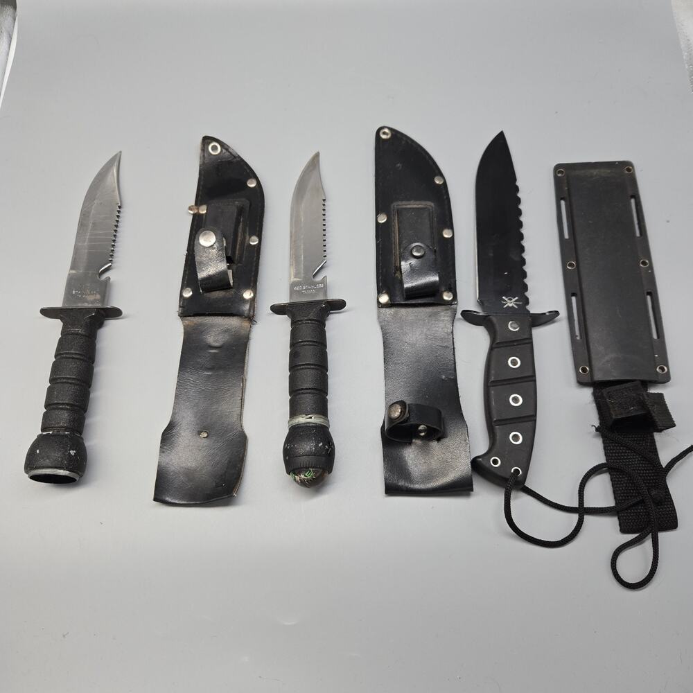 Lot Of 3 Knives Survival Hunting Knife Taiwan W/ Compass Sheath 420 Stainless